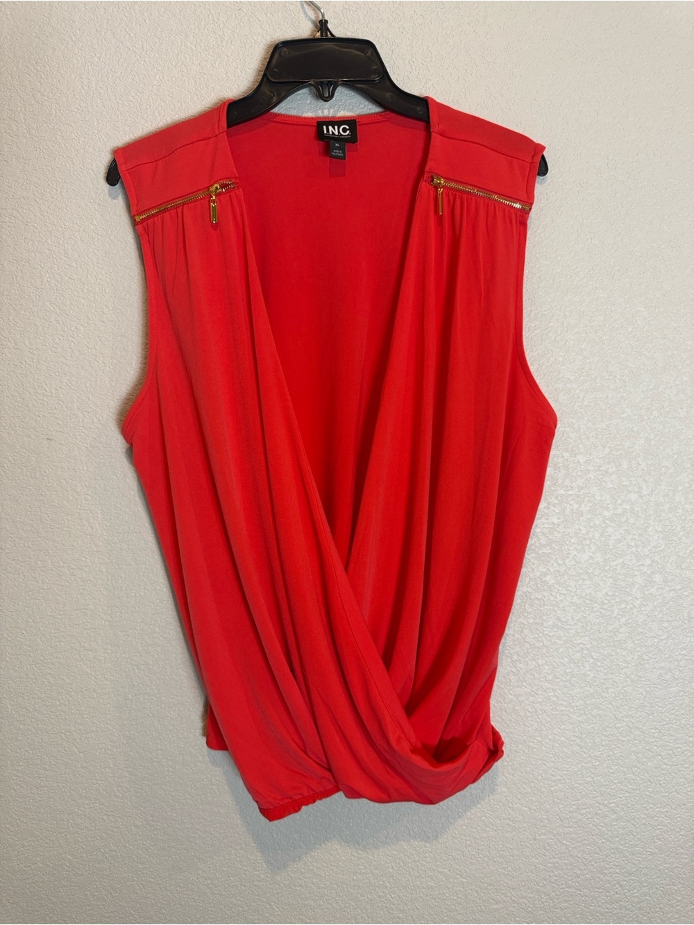INC International Concepts Red Draped Surplice Sleeveless Top with Gold Zippers